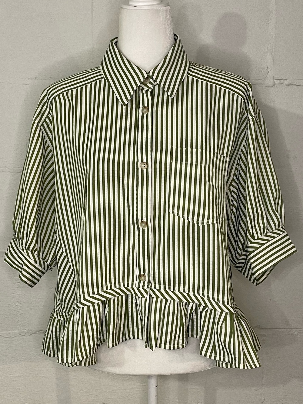 Striped Ruffle Hem Button-Up Blouse - Olive/White
